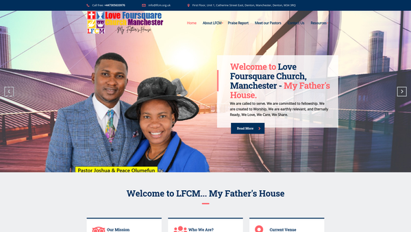 Screenshot of the Love Foursquare Church Manchester UK (Lfcm) website