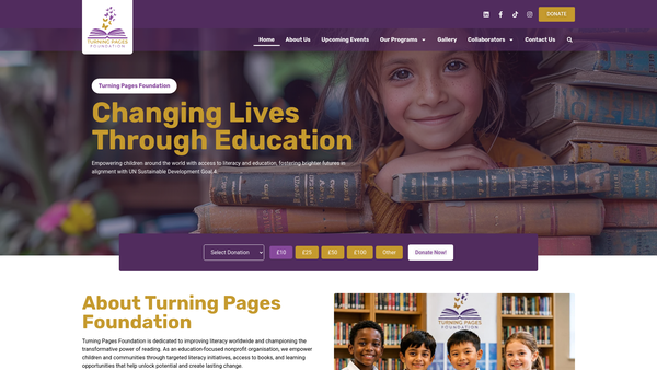 Screenshot of the Turning Pages Foundation website
