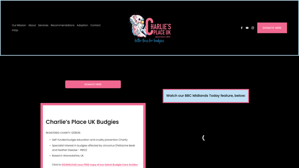 Screenshot of the Charlie's Place UK Budgies website
