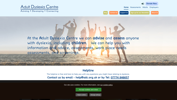 Screenshot of the Adult Dyslexia Centre CIO website