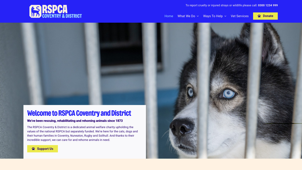 Screenshot of the Royal Society For The Prevention Of Cruelty To Animals Coventry And District Branch CIO website