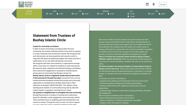 Screenshot of the Bushey Islamic Circle website