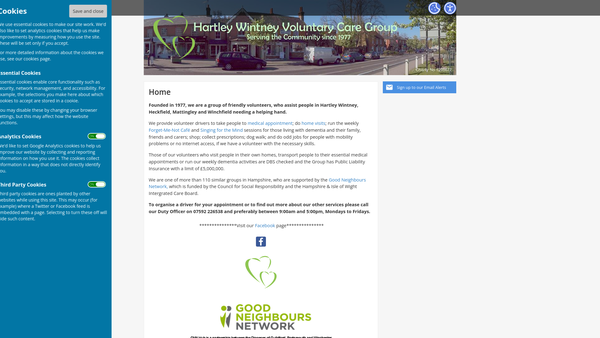 Screenshot of the Hartley Wintney Voluntary Care Group website