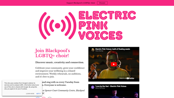 Screenshot of the Electric Pink Voices website