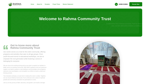 Screenshot of the Rahma Community Trust website