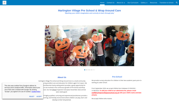 Screenshot of the Harlington Village Pre-School website