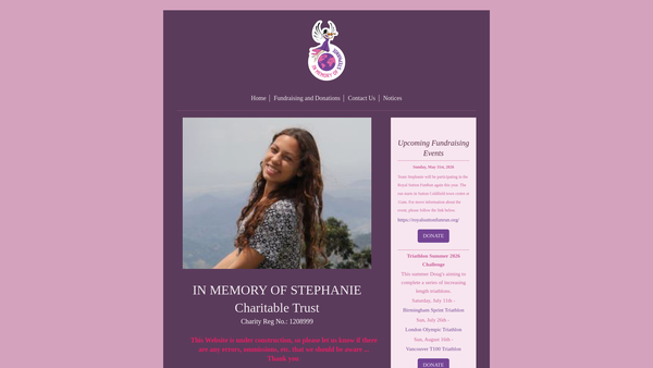 Screenshot of the In Memory Of Stephanie Charitable Trust website
