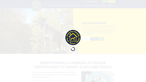 Screenshot of the Home Run Hounds Greyhound Charity website