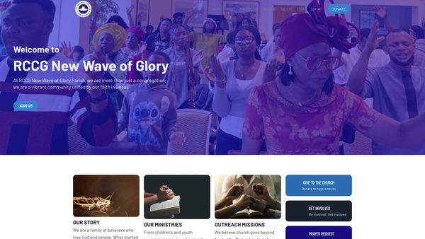 Screenshot of the The Redeemed Christian Church Of God New Wave Of Glory website