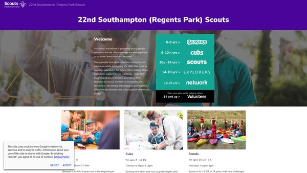 Screenshot of the 22nd Southampton City Scout Group website