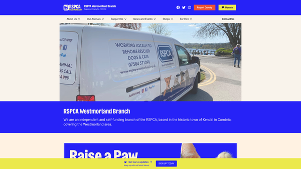 Screenshot of the Royal Society For The Prevention Of Cruelty To Animals Westmorland Branch CIO website
