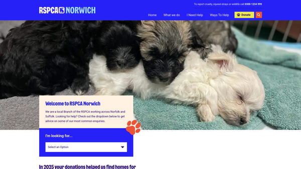 Screenshot of the Royal Society For The Prevention Of Cruelty To Animals Norwich Branch CIO website