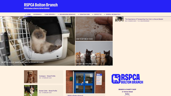 Screenshot of the Royal Society For The Prevention Of Cruelty To Animals - Bolton And District Branch CIO website