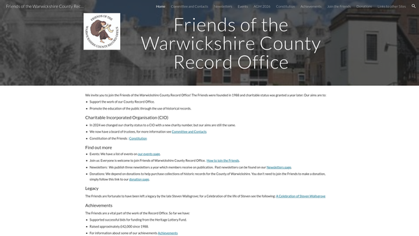 Screenshot of the Friends Of The Warwickshire County Record Office website