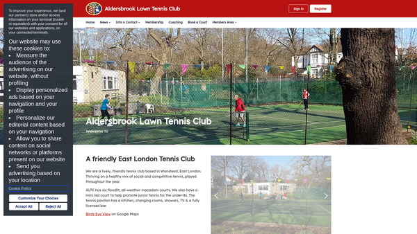 Screenshot of the Aldersbrook Lawn Tennis Club website