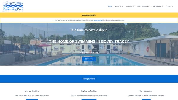 Screenshot of the Bovey Tracey Swimming Pool Association website