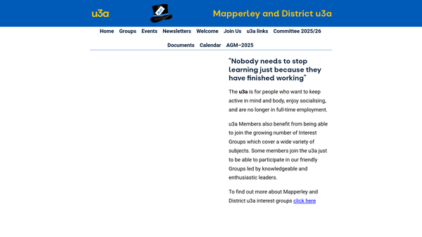 Screenshot of the Mapperley And District University Of The Third Age (U3A) website