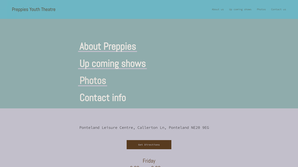 Screenshot of the Preppies Youth Theatre website