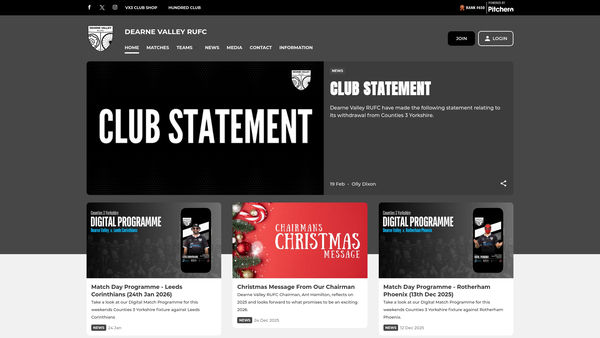 Screenshot of the Dearne Valley RUFC website