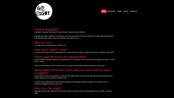Screenshot of the Gig Night website