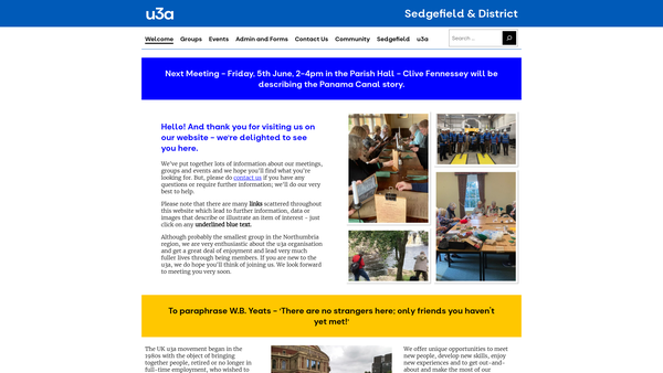 Screenshot of the Sedgefield & District University Of The Third Age (U3A) website