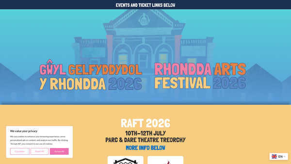 Screenshot of the Rhondda Arts Festival Treorchy (Raft) website