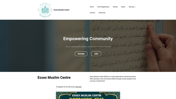 Screenshot of the Essex Muslim Centre Limited website