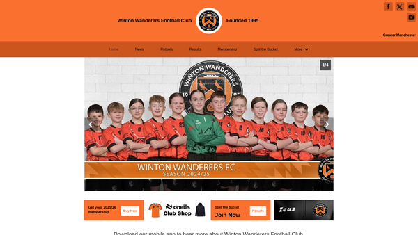 Screenshot of the Winton Wanderers Football Club website