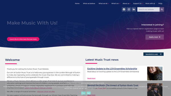Screenshot of the Sutton Music Trust website