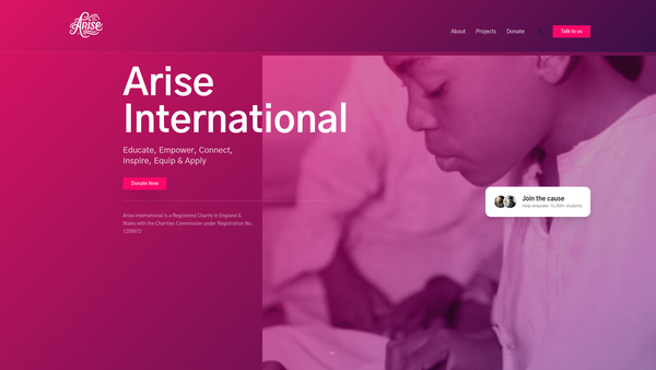 Screenshot of the Arise International website