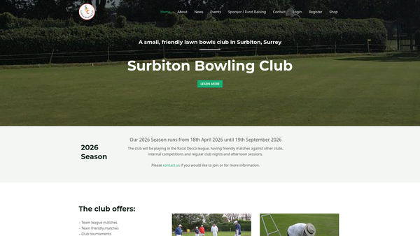 Screenshot of the Surbiton Bowling Club website