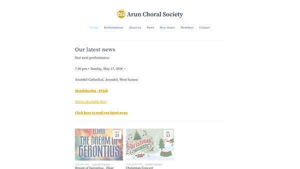 Screenshot of the Arun Choral Society website