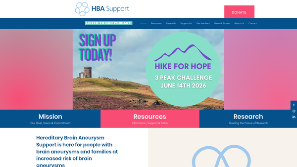 Screenshot of the Hereditary Brain Aneurysm Support (Hba Support) CIO website