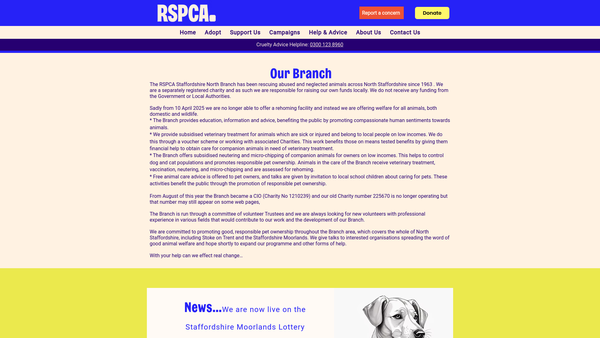 Screenshot of the Royal Society For The Prevention Of Cruelty To Animals Staffordshire North Branch CIO website