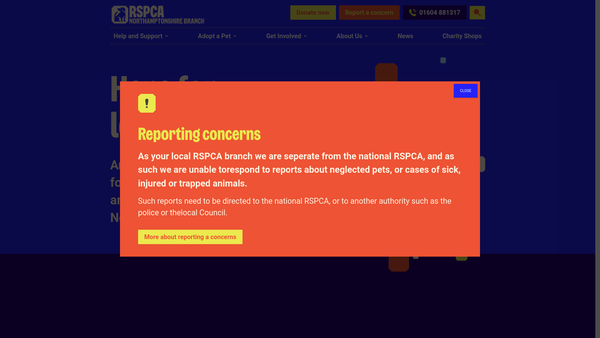 Screenshot of the Royal Society For The Prevention Of Cruelty To Animals Northamptonshire Branch CIO website