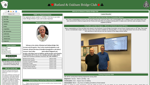 Screenshot of the Rutland And Oakham Bridge Club website