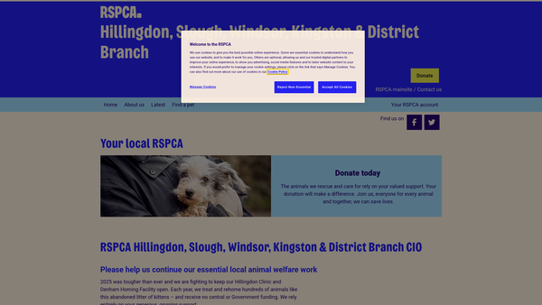 Screenshot of the Royal Society For The Prevention Of Cruelty To Animals Hillingdon, Slough, Windsor , Kingston And District Branch CIO website