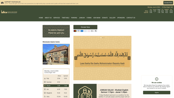 Screenshot of the Winchester Muslim Cultural Association (Wmca) website