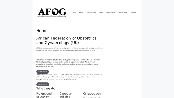 Screenshot of the African Federation Of Obstetrics And Gynaecology (UK) website