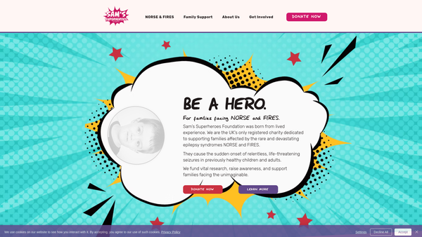 Screenshot of the Sam's Superheroes Foundation website
