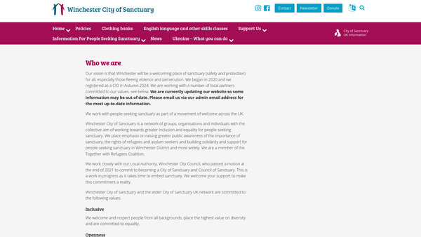 Screenshot of the Winchester City Of Sanctuary website