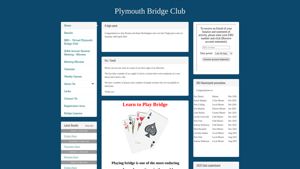 Screenshot of the Plymouth Bridge Club website