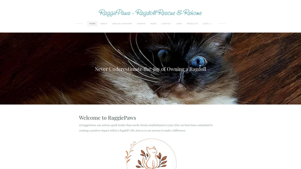Screenshot of the Raggiepaws Ragdoll Rescue & Rehome website