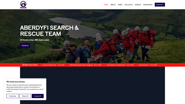 Screenshot of the Aberdyfi Search And Rescue Team / Tim Chwilio Ac Achub Aberdyfi website