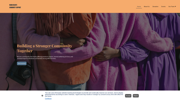 Screenshot of the Warm Hearts Community Support website