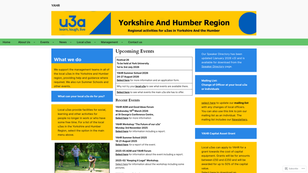 Screenshot of the U3A Yorkshire And Humber Region website