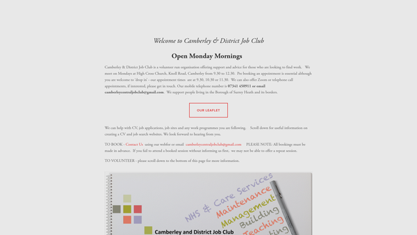 Screenshot of the Camberley And District Job Club website