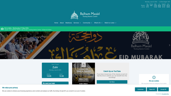 Screenshot of the Balham Masjid And Tooting Islamic Centre. website