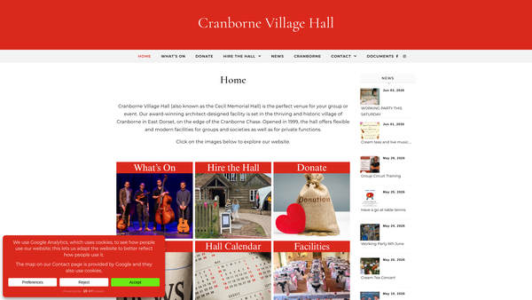 Screenshot of the Cecil Memorial Hall Cranborne 2024 website