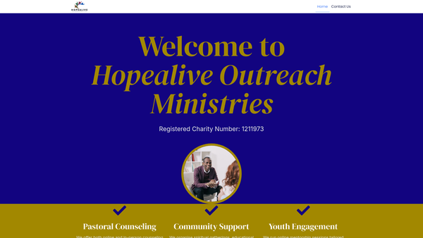 Screenshot of the Hopealive Outreach Ministries website